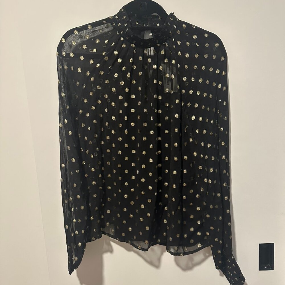 Evereve Black & Gold Dot Sheer Blouse – Size M (NWT)